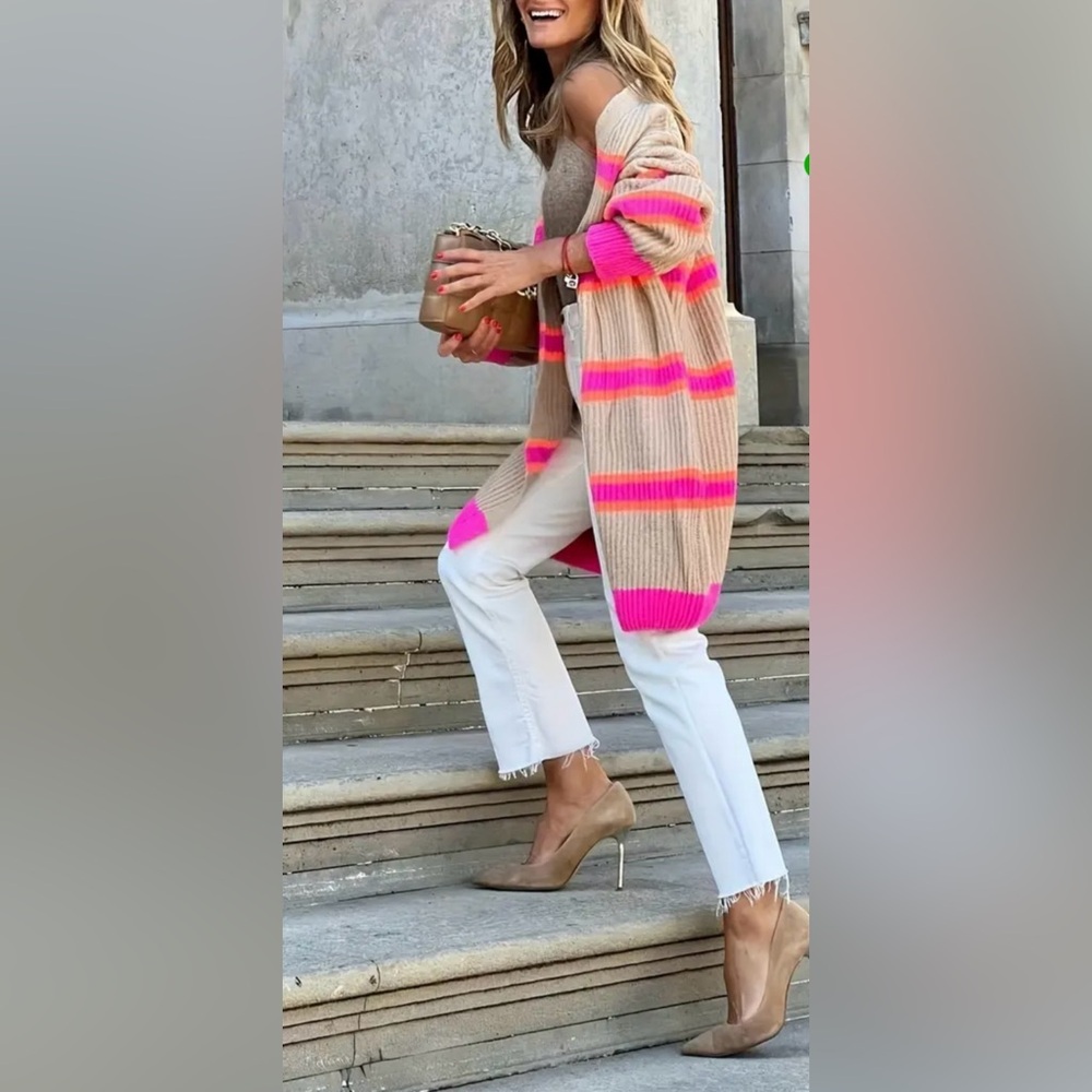 Vibrant Pink and Tan Striped Women's cardigan - Picture 2 of 9